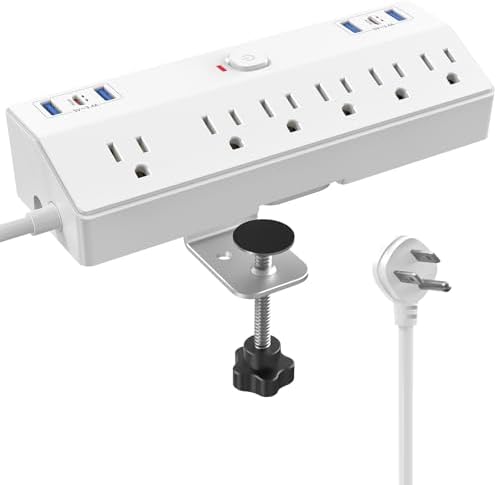 Maximize Your Workspace Efficiency with the JXGUCAT 40 W Fast Charging Desk Clamp Power Strip – 6 AC Outlets & 2 USB-C Ports, 10 ft Cord, Ideal for Home Office Surge Protection, Fits 1.8″ Tabletop Edges, Removable Mount for Effortless Setup