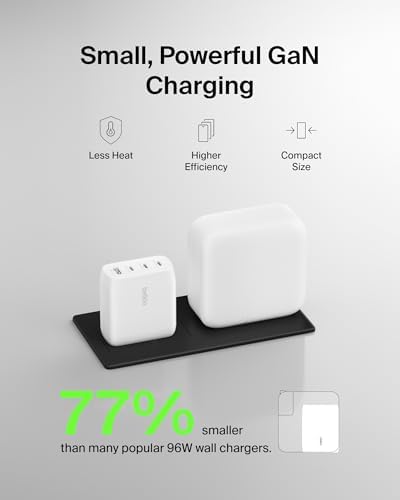 Belkin 112 W 4-Port Ga N Charger Block – Super Fast USB-C Power Delivery & USB-A Multi-Device Charging Hub for Mac Book, i Phone 16, Samsung Galaxy S25, Google Pixel, Nintendo Switch, and More – Compact, Efficient, and Eco-Friendly Design with Safety Features