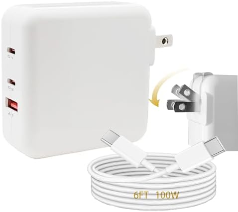 Revolutionary 65 W Ga N Fast Charge Wall Adapter – Triple USB-C Power Hub for Mac Book Pro, i Pad Pro, i Phone 16/15 & Samsung Galaxy S25/S24 – Includes 6 ft USB-C Cable for Effortless Mobility & Universal Device Compatibility