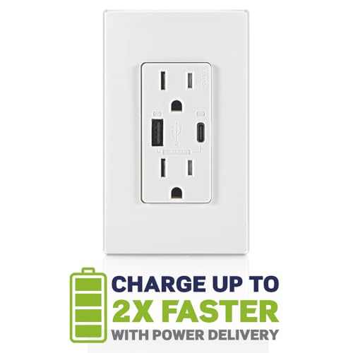 Leviton 60 W Dual USB Type A/Type-C In-Wall Charger – Fast, Efficient Power Delivery Solution for Smartphones, Tablets & Laptops – Tamper-Resistant Outlet in Light Almond for Safe, Clutter-Free Charging Experience – Perfect for Home and Office Use
