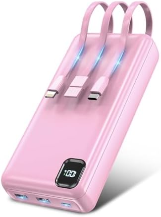 50000 m Ah Portable Power Bank with Built-in Cables – Multi-Device Charging Hub with 20 W PD Fast Charge, LED Power Indicator, and Safety Features (Pink) for Ultimate On-the-Go Energy Solutions