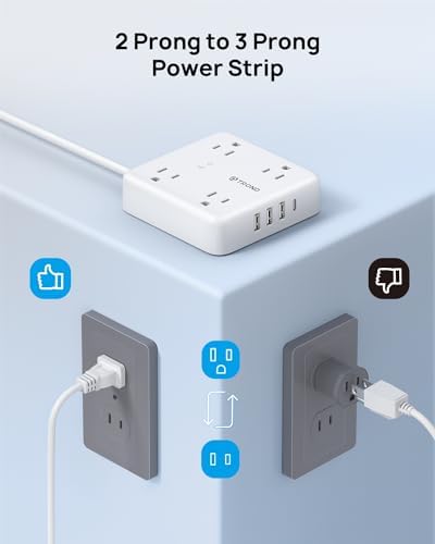 TROND 2-Prong Surge Protector Power Strip with 5 ft Extension Cord, 1440 Joules Safety Shield, Multiple AC Outlets & USB Charging Ports – Compact Wall-Mount Adapter for Streamlined Power Access and Enhanced Device Protection