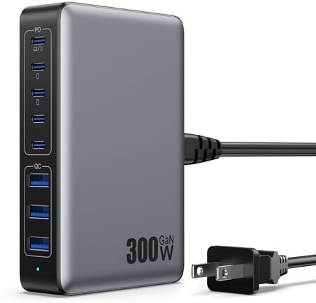 Revolutionary 300 W Ga N IV Technology USB-C Charging Hub – 8-Port Multi-Device Charger for Mac Book Pro/Air, DELL Laptops, i Phone 16/15/14 & Galaxy S25 – Sleek Navy Finish for Enhanced Home & Office Efficiency – Your Premier Solution for Rapid Device Power and Seamless Connectivity