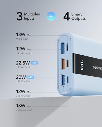 Ultra-Reliable VRURC 20,000 m Ah Portable Power Bank – Fast Charging Battery Pack with 4 USB Outputs and 3 Input Options for Ultimate Device Compatibility – Compact Travel Essential for i Phone, Samsung, and Android Users – Durably Designed for On-the-Go Charging Needs