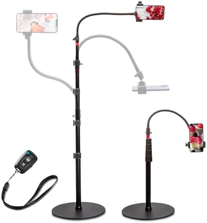 Phone Overhead Stand, Gooseneck Phone Floor Stand, Tall Video Cell Phone Mount with Height Adjustable Stand, Heavy Base, 360 Head, Works with iPhone 16, 16 Pro Max, 16 Plus, 15, 14, 13 – Enhanced Compatibility and Speed
