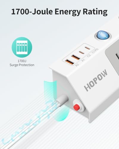 Ultra-Thin 10 Ft Flat Plug Power Strip with Individual Switches – 5-Outlet Surge Protector featuring 2 USB-C (20 W PD) & 2 USB-A Ports, 1700 Joules Surge Protection, Wall-Mount Design for Home and Office – Optimize Your Power Management with Enhanced Speed and Safety