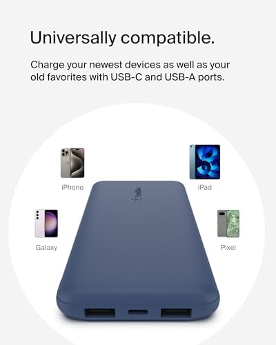Belkin 10,000 m Ah Portable Charger – Fast Charging USB C Power Bank with Dual USB-A Ports for Multiple Devices, Includes Type-C to Type-A Cable, Compatible with i Phone 16, Samsung Galaxy S25, Nintendo Switch 2, i Pad & More – Lightweight Blue Design for Effortless Portability and Enhanced Power Delivery