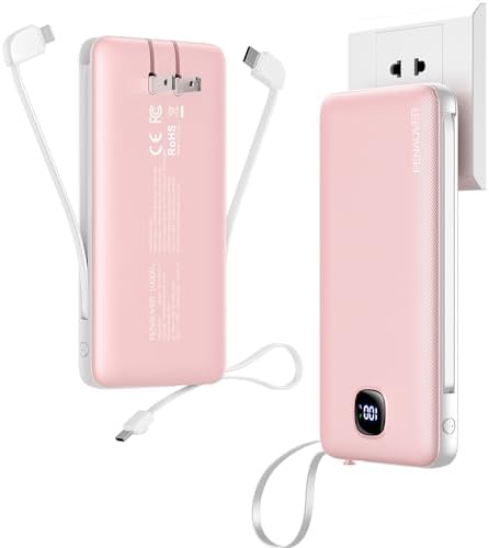 Ultra-Slim 10000 m Ah Fast Charging Power Bank with Built-In Cables & AC Plug – Versatile 5 Output USB-C Portable Charger for i Phones, Samsung, Android & More – Perfect for Travel & On-the-Go Power Solutions