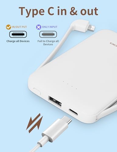 Ultra-Slim 5000 m Ah Power Bank with Built-In USB-C Cables – Dual Charging External Battery Pack for i Phone & Android – Lightweight Travel Companion in Black & Pink – Effortless Portability and Enhanced Device Compatibility