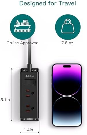Addtam Ultra Flat Power Strip for Cruise & Travel – 5 ft Extension Cord with 6 Outlets, Compact Design for Dorms & Home Offices – No Surge Protection, Ideal for On-the-Go Charging – Lightweight & Space-Saving Solution
