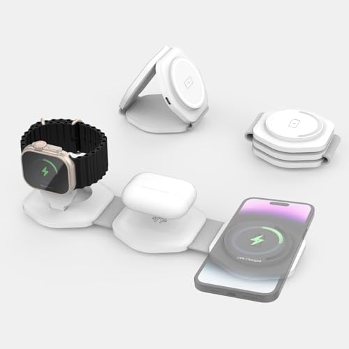 Portable 3-in-1 Magnetic Wireless Charging Station for Apple Devices – Fast, Foldable Charger for i Phone 15/14/13/12 & Apple Watch Ultra/SE/9/8/7/6/5/4/3/2 – Sleek White Design for Travel Convenience and Enhanced Performance
