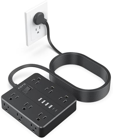 Maximize Your Charging Potential with AOFO 5 Ft Flat Plug Power Strip: 12 Outlet Surge Protector & 6 USB Ports (4 USB-A, 2 USB-C) for Home, Office, and Dorm Use – Reliable, Safe, and Space-Saving Design for All Your Devices