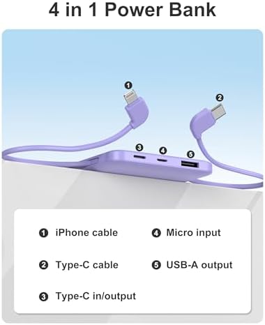 miisso 10000 m Ah Ultra-Slim Portable Power Bank with Integrated Charging Cables – Multi-Device USB-C Travel Charger for i Phone & Samsung – Compact, Lightweight Battery Pack Designed for Maximum Portability and Efficiency