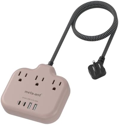 Stylish Brown Travel Power Strip with 5 Ft Cord – Compact Extension Solution Featuring 3 AC Outlets & 4 USB Ports (2 USB-C) for Rapid Charging – Ideal Desk Accessory for Tan Wood and Walnut Grain Décor – Maximize Functionality & Aesthetics in Any Space