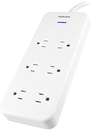 Philips EZFit Surge Protector with 3 Outlet Power Strip and 6 ft Braided Cord – Enhanced Charging Station Featuring 2 USB-A and 1 USB-C, 490 Joules of Surge Protection, Space-Saving Design in Sleek White for Home and Office Use