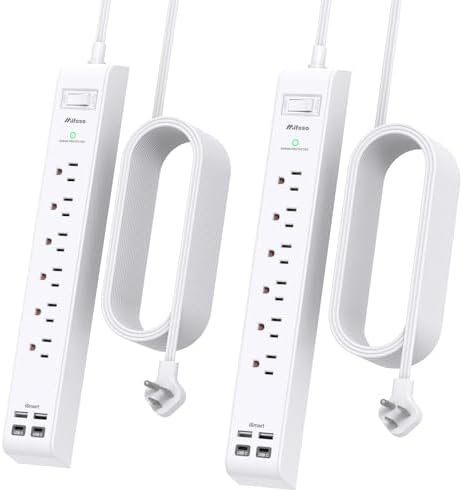Dual Pack 12 FT Power Strip with 6 AC Outlets & 4 USB Ports, Including 2 USB-C – Versatile Surge Protector for Home, Office, and Dorm Use – Space-Saving Flat Plug Design, Wall Mountable for Ultimate Convenience and Safety