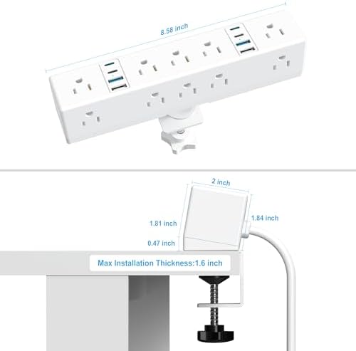 VILONG 40 W Fast Charging Station – Advanced Desk Clamp Power Strip with 8 USB Ports (4 USB-C) and 10 AC Outlets – Perfect for Home & Office Use with 10 Ft Cord – Secure Mount Surge Protector for Clutter-Free Charging Solutions
