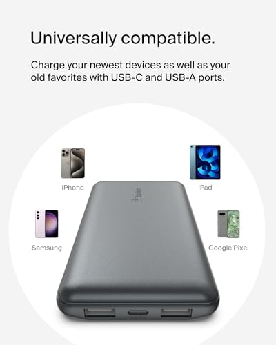 Belkin 10,000 m Ah Portable Charger – Fast Charging USB C Power Bank with Dual USB-A Ports for Multiple Devices, Includes Type-C to Type-A Cable, Compatible with i Phone 16, Samsung Galaxy S25, Nintendo Switch 2, i Pad & More – Lightweight Blue Design for Effortless Portability and Enhanced Power Delivery