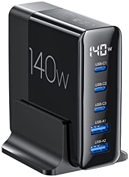 Maximize Your Charging Efficiency with a 140 W Ga N USB-C Charger Featuring LED Display – 5-Port Desktop Power Station with 3 USB-C & 2 USB-A Ports for Fast Charging Multiple Devices Including Mac Book Pro, i Phone, i Pad, and Laptops – Ultimate Compatibility and Performance