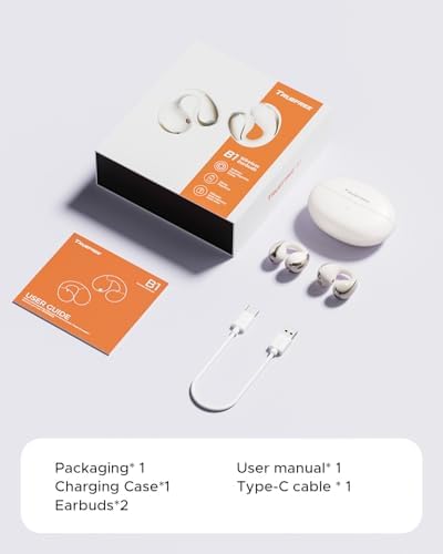 Elevate Your Sound Experience with truefree B1 Open-Ear Wireless Earbuds – Cutting-Edge Bluetooth 5.4 Technology, Immersive Spatial Audio, Ultra-Lightweight Clip-On Design, 25-Hour Long Battery Life with Quick Charge, Effortless Multipoint Connectivity for Smooth Device Switching, and Customizable Audio Settings via App for Personalized Listening Excellence. Perfect for Active Lifestyles, These Innovative Earbuds Combine Comfort and Awareness, Allowing You to Enjoy Music, Podcasts, and Calls While Staying Aware of Your Surroundings. Designed for Everyday Use, Whether at the Gym or on the Go, truefree B1 Offers Unmatched Sound Quality and Convenience, Transforming Your Audio Journey with Each Note.