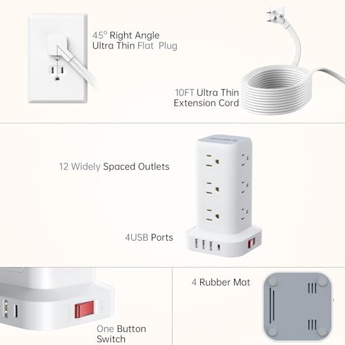 Revolutionize Your Workspace with the Ultra-Thin Surge Protector Power Strip Tower – 10 FT Flat Plug Extension Cord and 1 USB-C Port for Fast Charging, 1020 Joules of Device Protection, Perfect Desk Charging Station for Office and Dorm Room Essentials