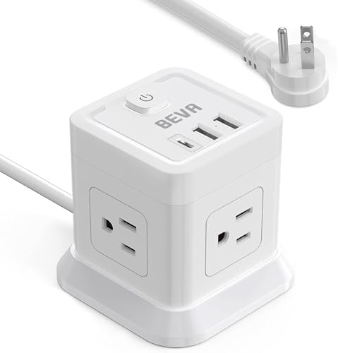 BEVA 10 ft Travel Power Strip with USB – Compact Cube Charging Station Featuring 4 Spacious Outlets and 3 Fast USB Ports for Home, Office, and Dorm Use – Overload Protection for Safe, Efficient Power Management