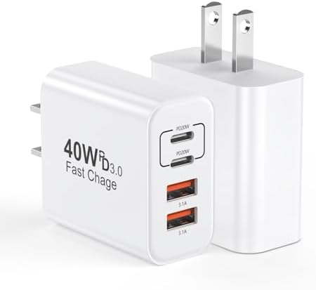 40 W USB C Fast Charger Block Duo – Multiport Power Adapter with 4 Ports for Quick Device Charging – Compatible with i Phone 16/15/14/13/12/11 Pro Max, Galaxy S25/S24, Pixel 9/8 – Enhanced Portability and Speed for On-the-Go Charging