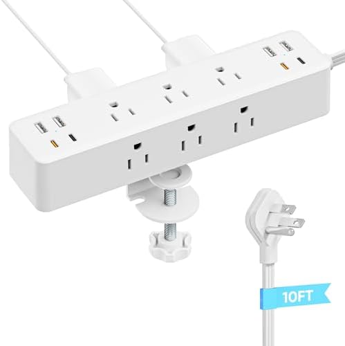 17-in-1 Acozvin Desk Clamp Power Strip with 10 ft Flat Plug – Ultimate Home Office Charging Station Featuring 9 AC Outlets & 8 USB Ports (4 USB-C) – 1200 J Surge Protector for Enhanced Device Safety & Space-Saving Design