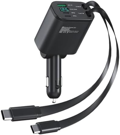 Revolutionize Your Road Trips with the Retractable 4-in-1 Fast Car Charger – Dual Retractable Cords (Type C + i OS) and 2 USB Ports for Multi-Device Power | RGB Starlight Design for Enhanced Aesthetics | High-Speed Charging Compatibility for Android & i Phone Models – Charge Up to 4 Devices Simultaneously