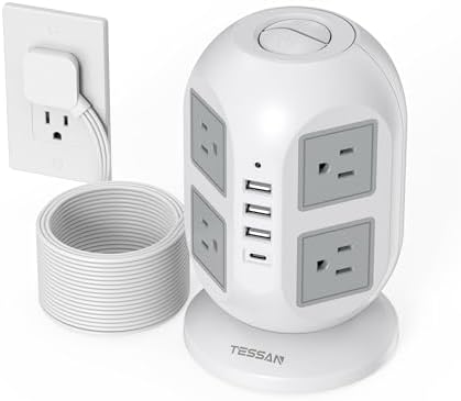 TESSAN Tower Surge Protector Power Strip – 10 ft Flat Extension Cord with 8 AC Outlets & 4 USB Ports (1 USB-C) – Compact Charging Station with Advanced Surge Protection for Home Office & Dorm Use – Optimal Device Safety & Versatile Compatibility