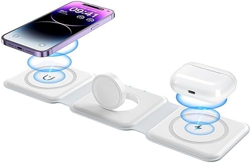 Ultimate 3-in-1 Magnetic Wireless Charging Station – Fast and Portable Mag-Safe Charger for i Phone 16/15/14/13/12 Series, Apple Watch & Air Pods with Adapter Included – Compact Design for Effortless Travel and Enhanced Device Compatibility