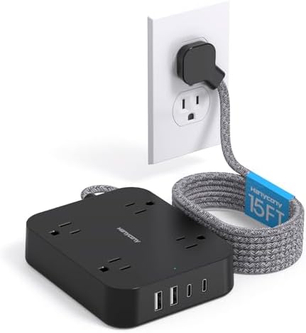 HANYCONY 10 Ft Ultra Thin Flat Extension Cord with 4 AC Outlets & 4 USB Ports (2 USB-C) – Wall-Mountable Power Strip & Desk Charging Station for Seamless Office, Dorm, and Travel Connectivity – Superior Surge Protection & Space-Saving Design