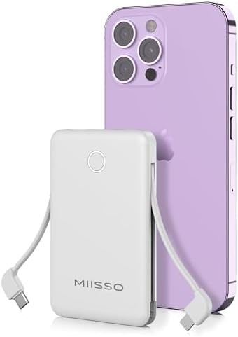 Ultra Slim 6000 m Ah Power Bank with Built-In USB C Cords – Card-Sized Portable Charger for Effortless On-the-Go Charging, Triple Output for i Phone, Samsung, Google Devices – Stylish and Compact Battery Pack for Enhanced Efficiency and Versatility