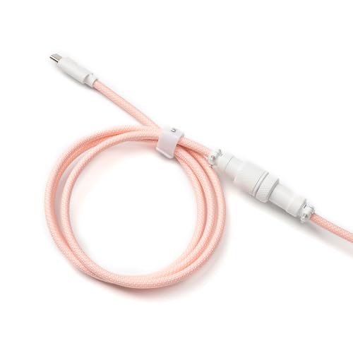 Keychron Light Pink Custom Coiled Aviator Cable – High-Performance USB-C to USB-C with Detachable Metal Connector (5-Pin GX12) for Mechanical Keyboards, Durable Braided Design with USB-A Adapter for Enhanced Charging and Data Transfer Efficiency