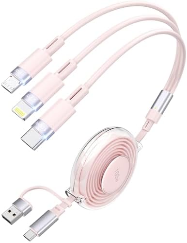 Universal 5-in-1 Retractable Charging Cable – 100 W Fast Charger for Type C, Lightning, and Micro USB Devices – 4 Ft Durable Cord for i Phones, i Pads, Mac Books, Galaxy & More – Portable, Tangle-Free Design in Sleek White for On-the-Go Power Solutions