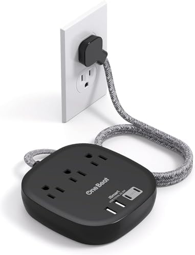 10 Ft Flat Plug Power Strip with 3 AC Outlets & 4 USB Ports, Ideal Desktop Charging Station for Cruise Ships & Dorms – Compact Design & Fast Charging for Multi-Device Use