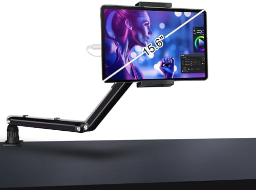 Ergonomic Adjustable Tablet Desk Mount for i Pad – Aluminum Clamp Holder for 4.7-15.6″ Devices including i Phone, Kindle, and Nintendo Switch – Sturdy Arm Design for Optimal Viewing Angles and Reduced Neck Strain – Perfect for Home Office and Entertainment Use