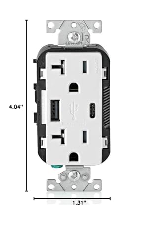 Leviton Dual USB In-Wall Charger with 20 A Tamper-Resistant Outlet – Type A & Type-C Compatibility for Smartphones and Tablets, Light Almond Finish – Streamlined Charging Solution for Home and Office Spaces