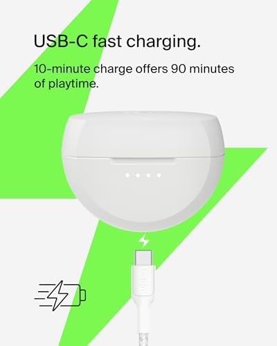 Belkin Sound Form Rhythm True Wireless Earbuds – Superior Sound Quality with 28-Hour Playtime, IPX5 Water-Resistant Design, and Integrated Microphone for Effortless Calls – Fast USB-C Charging for i Phone, i Pad, Galaxy, Pixel & More – Ideal for Active Lifestyles in Sleek White Finish