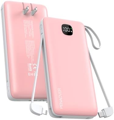 Ultra-Slim 10000 m Ah Fast Charging Power Bank with Built-In Cables & AC Plug – Versatile 5 Output USB-C Portable Charger for i Phones, Samsung, Android & More – Perfect for Travel & On-the-Go Power Solutions