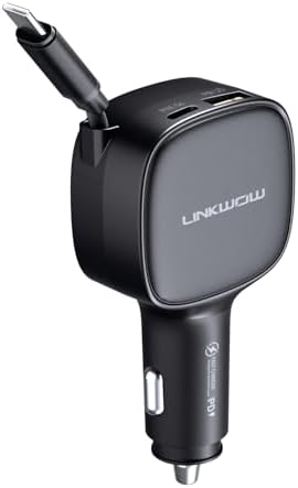 Ultra-Compact 84 W Max Retractable Fast Car Charger – Dual-Port USB C Cigarette Lighter Adapter with Built-In Type-C Cable for Effortless Charging and Clutter-Free Travel, Perfect for Families and Frequent Travelers