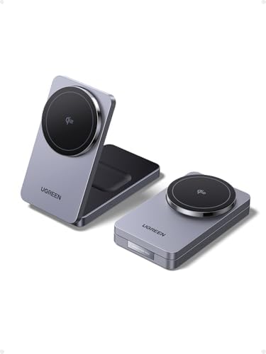 UGREEN Qi2 15 W Mag Flow Wireless Charger – Dual Device Foldable Mag Safe Charging Station for i Phone 16/15/14/13/12 & Air Pods 4/3/2/Pro – Quick Charge with 3.3 FT USB-C Cable – Enhanced Portability & Compatibility for On-the-Go Power Solutions