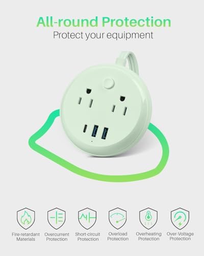 KOOSLA Compact Flat Plug Power Strip with USB C Ports – 2 AC Outlets & 3 Fast-Charging USB Ports for Ultimate Travel Convenience – 1250 W Capacity, 5 ft Cord – Ideal for Cruise Ships, Dorms, Homes, & Offices – Lightweight, Space-Saving Design for Multi-Device Charging
