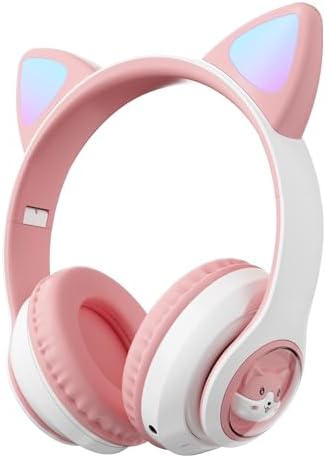 Charming Cat Ear Kids Bluetooth Headphones – Stylish Wireless On-Ear Design with Volume Limiter & LED Lights for Safe Listening – Compatible with Amazon Fire Tablets, Laptops, and More (Vibrant Pink) – Ideal for Toddlers and Young Music Lovers!