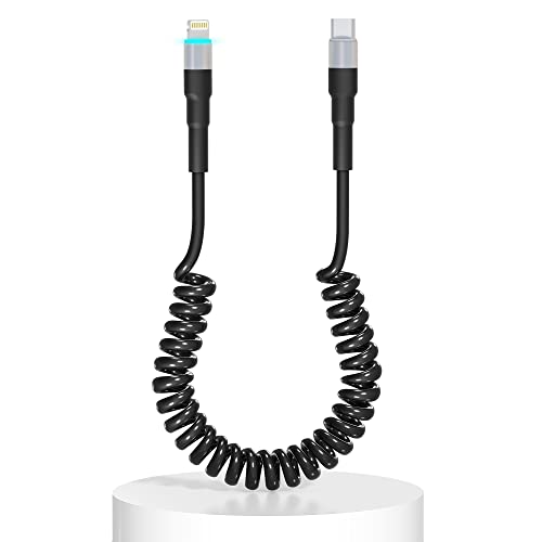 Revolutionary Coiled USB-C to Lightning Charging Cable – MFi Certified for Apple Carplay Compatibility, Fast Data Transfer, and Retractable Design for i Phone, i Pad, and i Pod – Optimal Flexibility and LED Charging Indicator for Ultimate Convenience