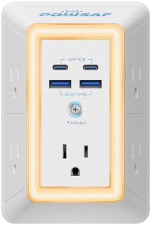 POWSAF 5-Outlet Surge Protector Power Strip with 4 USB Ports Including 2 USB-C PD 20 W for Fast Charging and Integrated Night Light – ETL Certified Multi Plug Outlet Extender with 3-Sided Design for Enhanced Accessibility and Safety in White Finish
