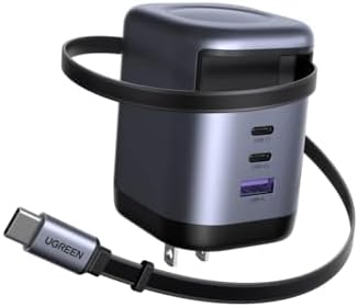 UGREEN 100 W USB-C Retractable Charger Block with Built-in Cable – Fast Charging Wall Adapter for Multi-Device Compatibility, Ideal for Mac Book Pro/Air, i Phone 16, Galaxy S25, Pixel, and More – Compact Ga N Technology for On-the-Go Convenience
