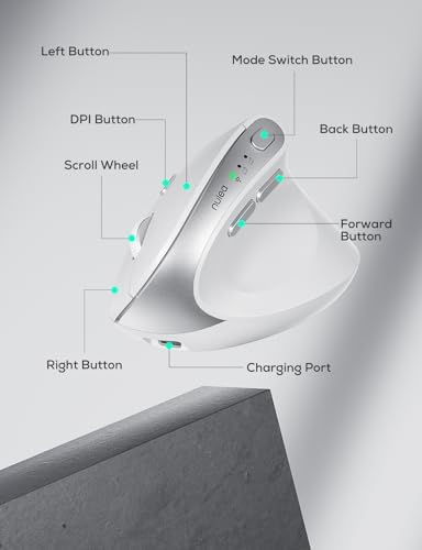 Revolutionize Your Workspace with the Nulea MD280 Ergonomic Vertical Wireless Mouse – Dual Mode Bluetooth & 2.4 G Connectivity, Precision with 4 Adjustable DPI Settings (800/1200/1600/2400), Rechargeable & Silent Clicks for Ultimate Focus – 6 Customizable Buttons Enhance Productivity for Laptop & Desktop Users in Stylish Grey.