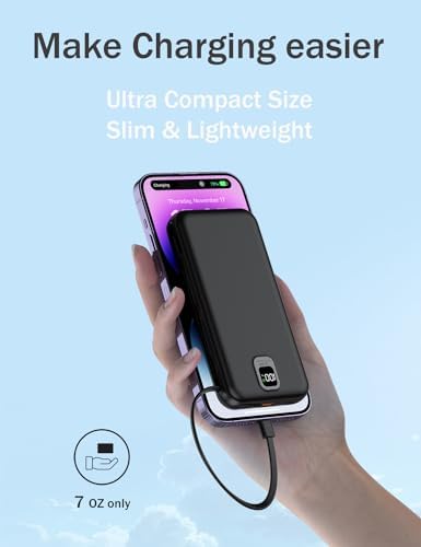 Ultra-Compact 10,000 m Ah Portable Charger with Integrated Cables & AC Plug – Fast Charging Power Bank for i Phone, Samsung, and Android Devices – QC 22.5 W & PD 20 W Travel Essential with Sleek Design for Maximum Convenience and Reliability