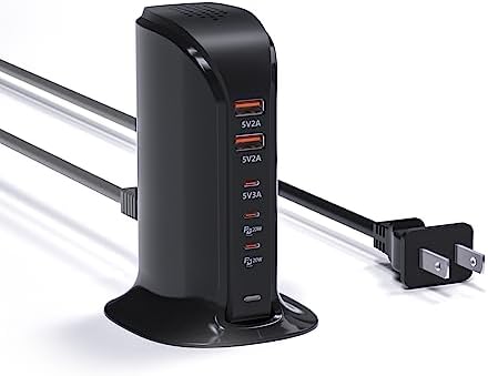 High-Speed USB C Charging Station – 55 W Multiport Tower Charger for 5 Devices, Smart Power Management, Ideal for i Phone, i Pad, Samsung & More – Portable Travel Essential with Safety Features